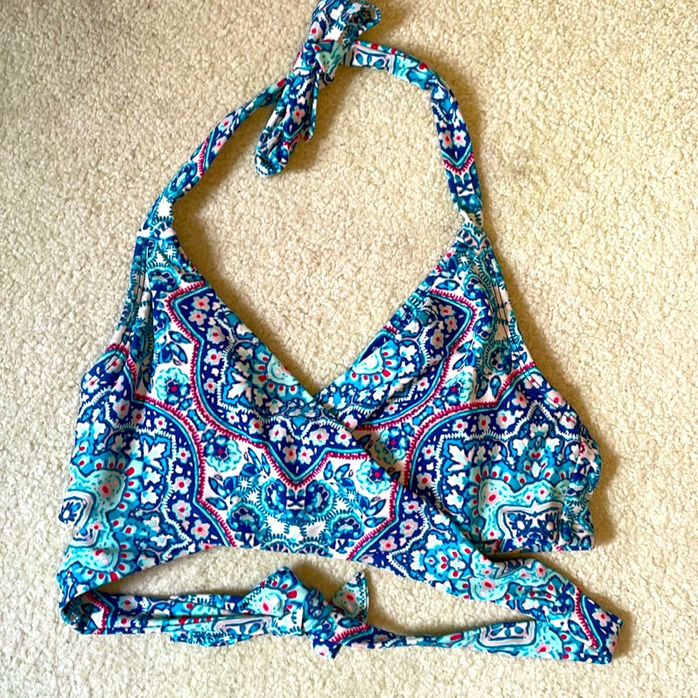 Athleta Monaco blue print wrap halter bra cup bikini top Sz 34 B/C